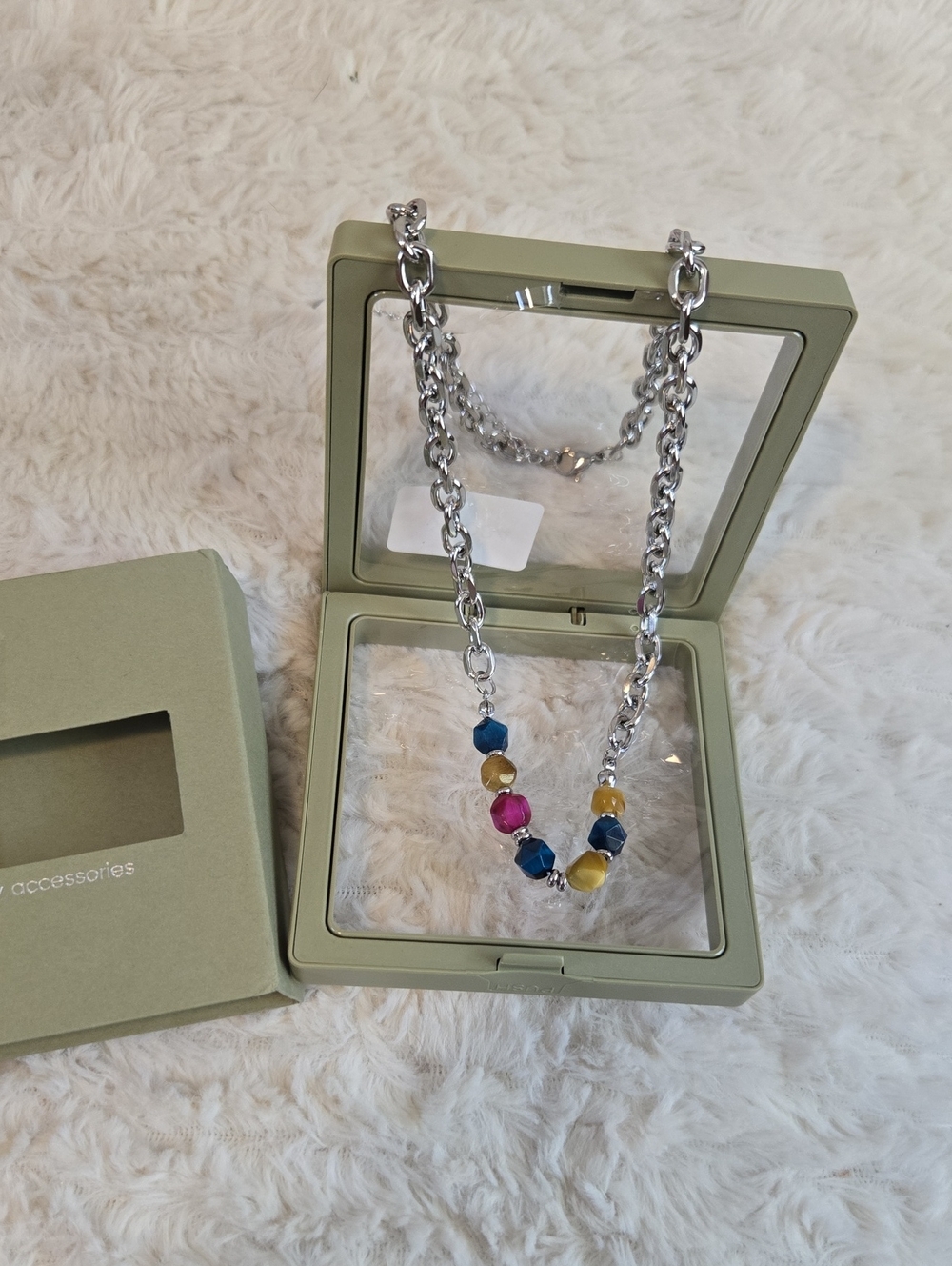 Silver Chain Necklace with Blue, Yellow and Pink Beads